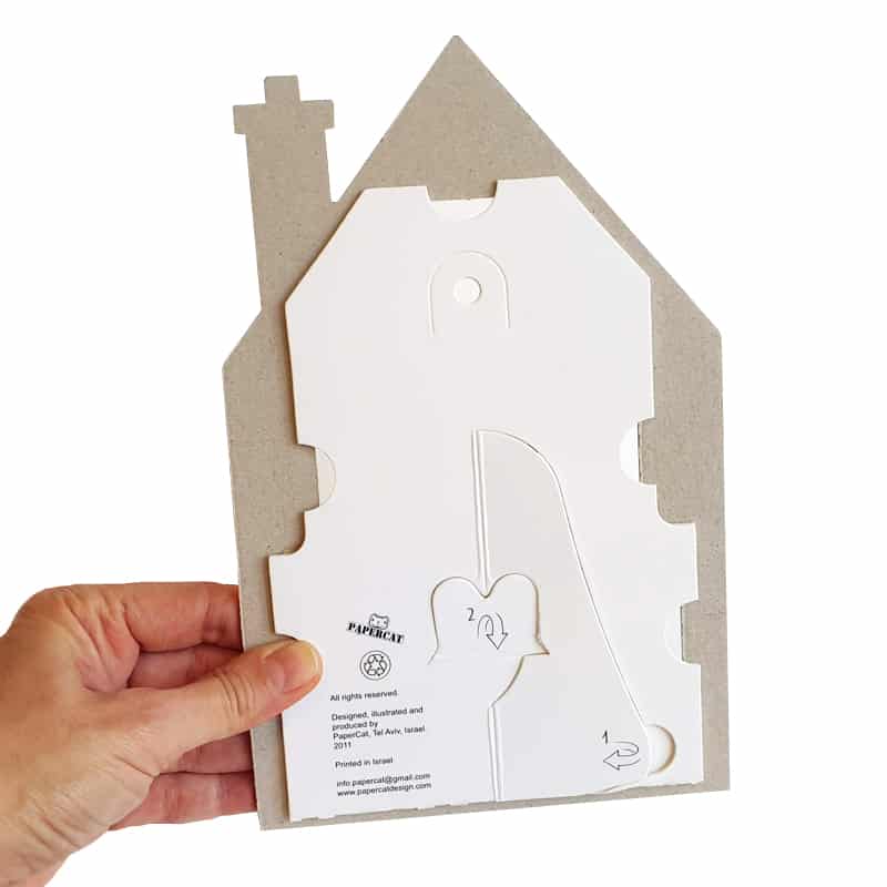 יד מחזיקה מסגרת לתמונות קטנות בצורת בית, צד אחורי